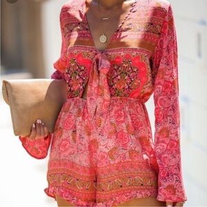 RAGA Nidhi Pink Red Boho Paisley Printed Open Tie Front Ruffle Romper Size XS